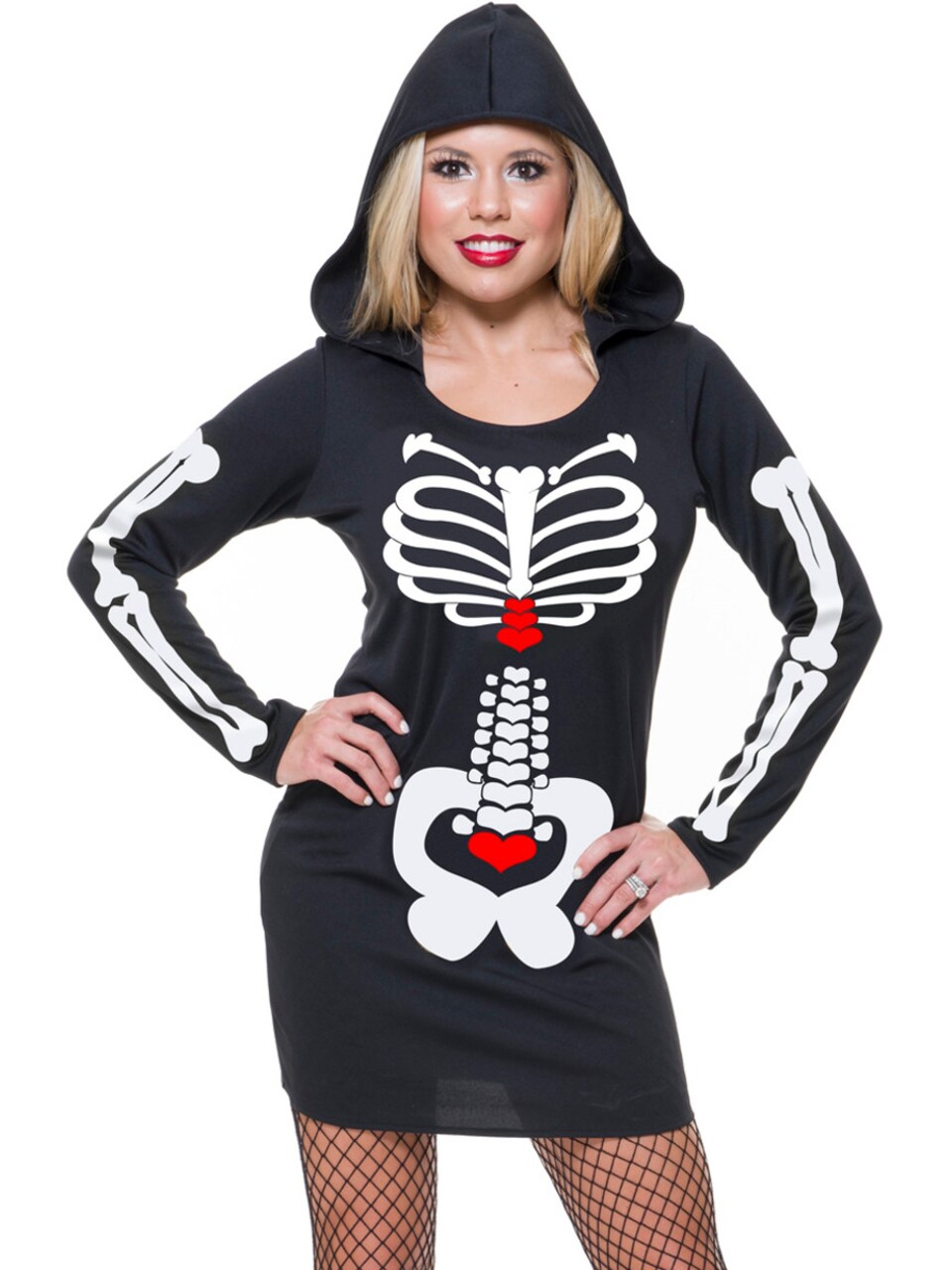 Adult Womens Skeleton Hearts Print Black Sweatshirt Hoodie Dress X-Small 3-5